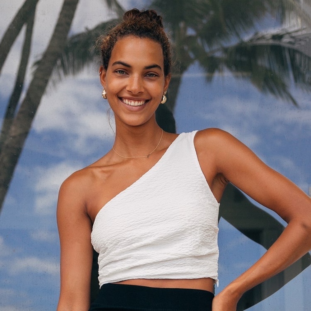 Lulus “Bright New Day White One-Shoulder Crop Top”